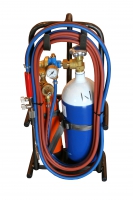 Hardsoldeerset Transportabel door handig draagframe,  voorzien van cilinder zuurstof (4L), cilinder propaan (1L), extra vlamdovers en divers gereedschap;